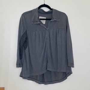 { We The Free Top } Charcoal Soft Button Down with Lace Trim